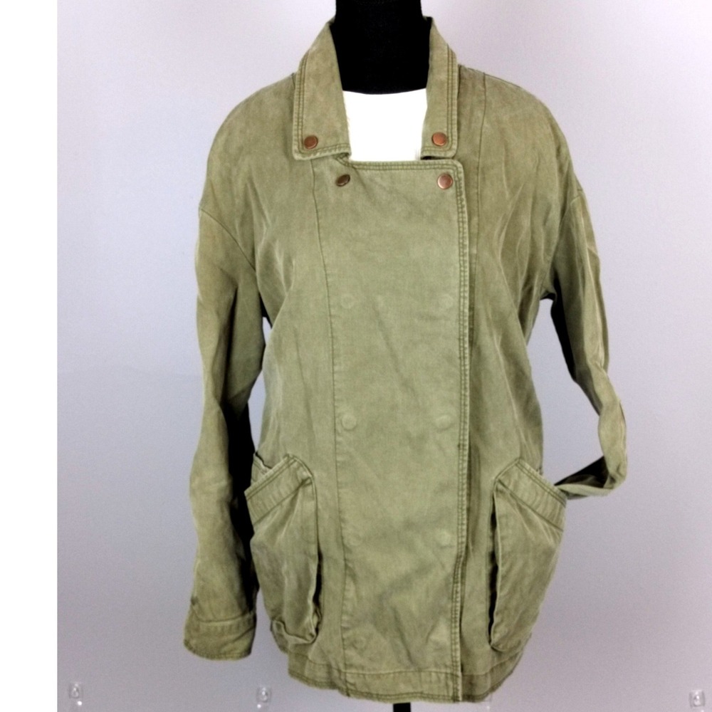 Cotton Twill Utility Military Jacket Womens Medium Green Double Breasted